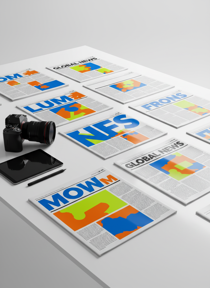 An array of glossy magazine mockups and broadsheet front pages spread across a large white table, each layout featuring dynamic, colorful image placeholders and bold block shapes where headlines would appear, avoiding readable text. A black mirrorless camera with a hefty zoom lens and a tablet stylus lie nearby, suggesting active curation of visual stories. Overhead studio lighting casts even, bright illumination with subtle reflections on the paper surfaces, creating a clean, modern press-agency aesthetic. Captured from a slightly elevated angle with sharp focus throughout, the composition feels organized yet intense, evoking the fast-paced selection of inspirational stories and photos in a high-end editorial environment.