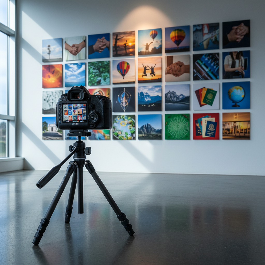 A powerful black DSLR camera mounted on a compact tripod facing a large, wall-mounted grid of vibrant photo prints, each depicting diverse, uplifting real-life moments without showing people directly, such as clasped hands cropped at the wrist, silhouettes, and symbolic objects. The camera’s LCD screen glows faintly, reflecting the collage. Cool daylight from a side window mixes with a single warm spotlight above, creating a bold interplay of color and contrast. Shot from a low angle to make the wall of images loom impressively, the photographic realism and saturated tones suggest a cutting-edge press agency curating global, inspirational visual narratives.