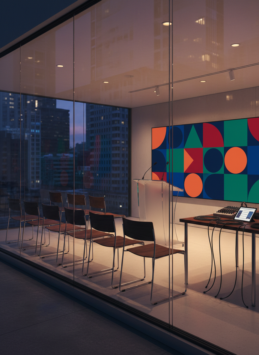 A minimalist glass-walled press briefing room seen from outside, with rows of empty modern chairs facing a sleek podium and a backdrop of abstract geometric shapes in strong, editorial colors instead of logos or text. On a side table, neatly coiled microphone cables, a compact audio mixer, and a tablet hint at imminent coverage. Early evening city light filters through skyscraper windows, casting cool blue reflections on the glass while a few recessed ceiling lights add warm highlights. Captured at a three-quarter angle with clean lines and deep focus, the mood is anticipatory and bold, embodying a high-profile media event about to unfold.