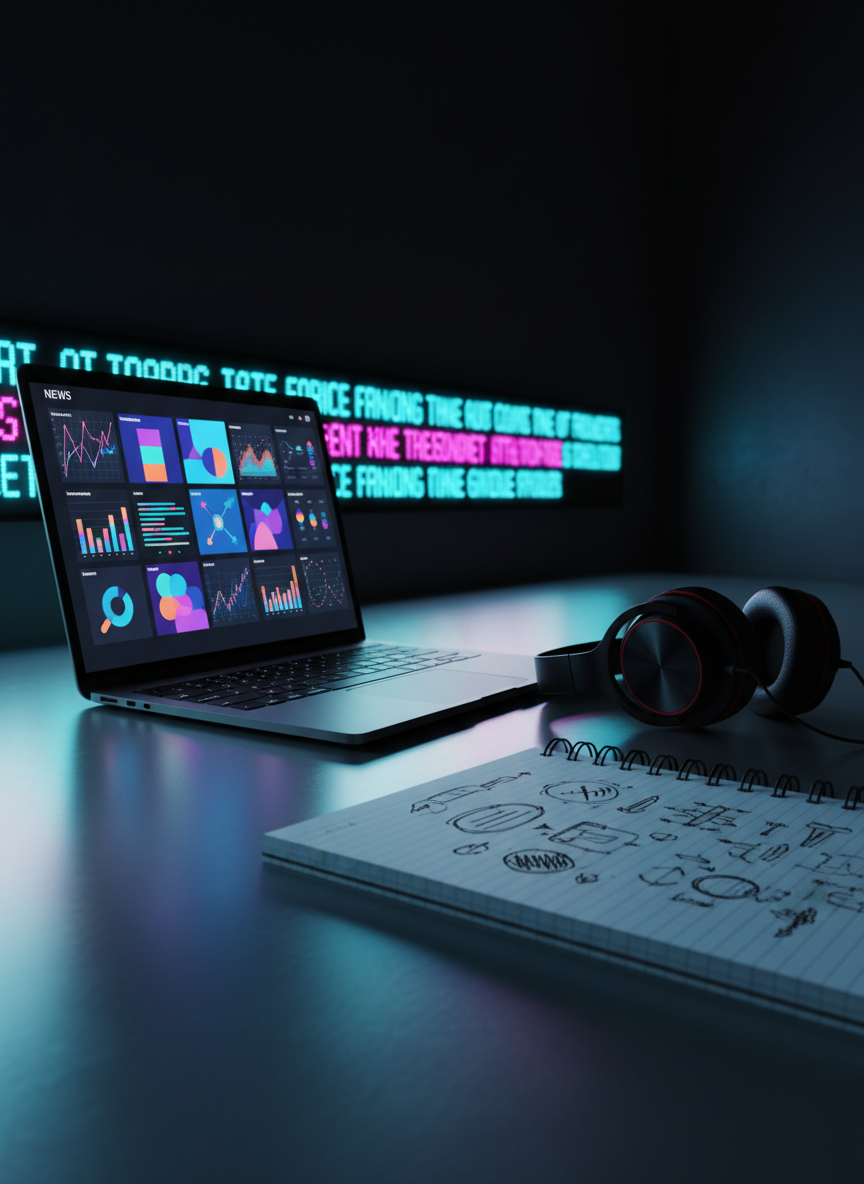A dramatic close-up of an open laptop displaying a stylized news dashboard interface with colorful blocks and charts instead of legible articles, symbolizing trending stories from around the world. Next to it, a pair of over-ear studio headphones rest on a spiral notebook filled with abstract scribbles and arrows. Neon accents from a large digital ticker-style LED strip on the wall reflect off the brushed-metal desk surface. The room is dim, lit mainly by the cool glow of the screen and the vivid LED strip, creating a high-contrast, cinematic atmosphere. Shot from a low, oblique angle with shallow depth of field, the composition feels bold, data-driven, and intensely modern.
