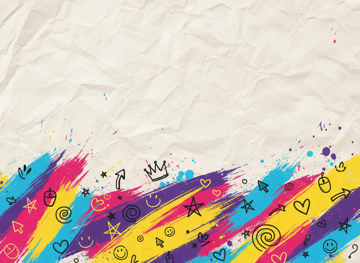 A collage-style banner image on a crumpled paper texture background. The top half of the image is mostly clean and empty — just the subtle crumpled paper texture, very minimal. All the design elements are concentrated in the bottom half: bold colorful paint brush strokes and splatters in hot pink, yellow, cyan blue, and purple, plus fun hand-drawn doodle icons like smiley faces, hearts, stars, crowns, arrows, spiral swirls, and small cursor arrows. The bottom portion is busy and energetic, the top portion is calm and open. No photo frames, no polaroids, no people, no faces. Wide landscape format.